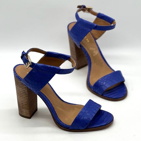 COACH Lexey Snake Embossed Leather Sandals 6 Cobalt Blue Stacked Block Heel - Picture 1 of 11
